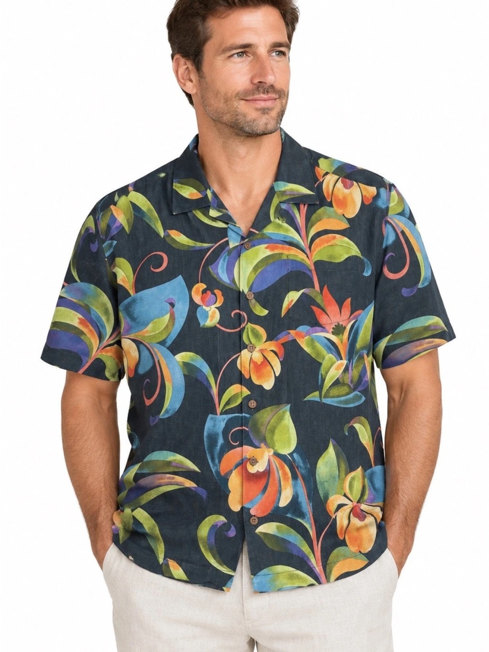 Tommy Bahama 100% Silk Hawaiian Short Sleeve Shirt Mens XL Dark Floral